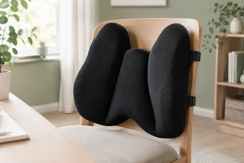 Coussin lombaire noir en forme de W posé contre le dossier d’une chaise en bois clair