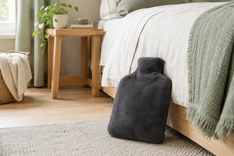 Bouillotte Qomfor gris foncé avec housse polaire posée sur un lit aux tons clairs
