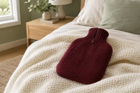 Bouillotte de 1,8 L avec housse tricotée bordeaux posée sur un plaid dans une chambre lumineuse.