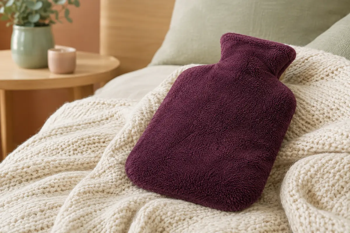 Bouillotte souple prune avec housse polaire présentée sur un plaid clair dans un intérieur apaisant.