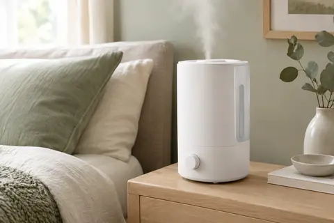 Humidificateur ultrasonique blanc raydrop posé sur une table en bois clair dans une chambre lumineuse