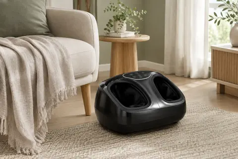 Appareil de massage des pieds RENPHO noir posé près d’un fauteuil dans un intérieur lumineux