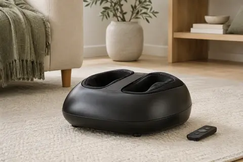 Appareil de massage des pieds RENPHO noir avec télécommande, présenté dans un intérieur lumineux et apaisant