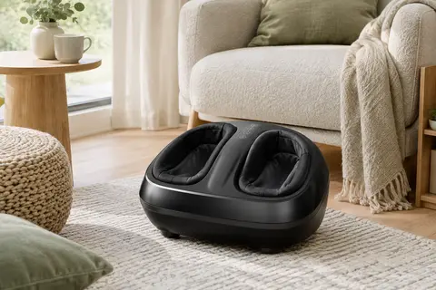 Appareil de massage des pieds RENPHO noir posé près d’un fauteuil dans un intérieur lumineux et apaisant
