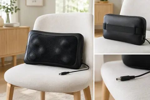 Coussin de massage RENPHO noir avec sangle, posé sur une chaise dans un intérieur lumineux