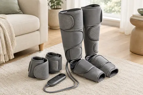 Masseur de jambes gris à compression d’air, avec manchons réglables et commande posés dans un intérieur lumineux.