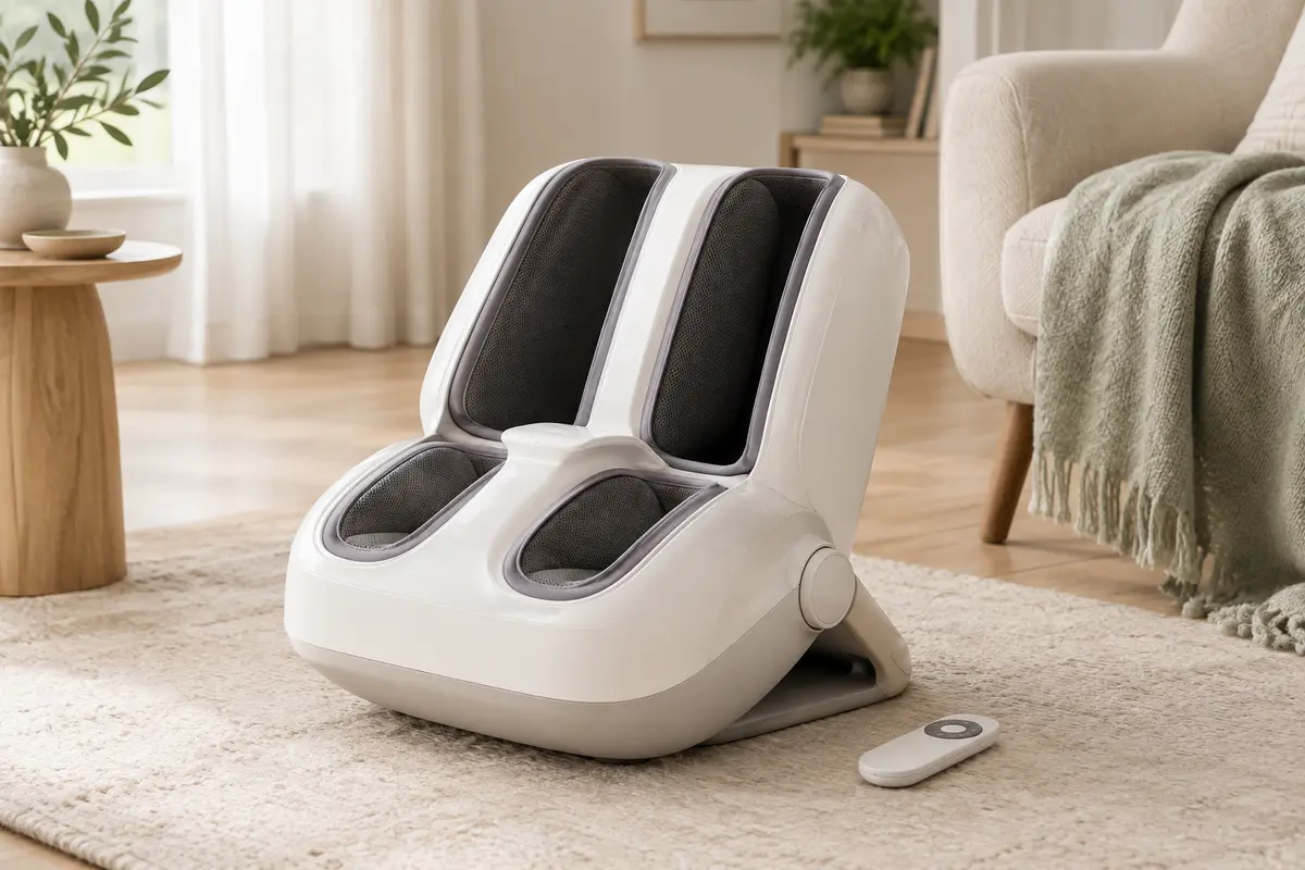 Masseur électrique blanc pour pieds et mollets avec télécommande, posé dans un intérieur lumineux aux tons naturels.