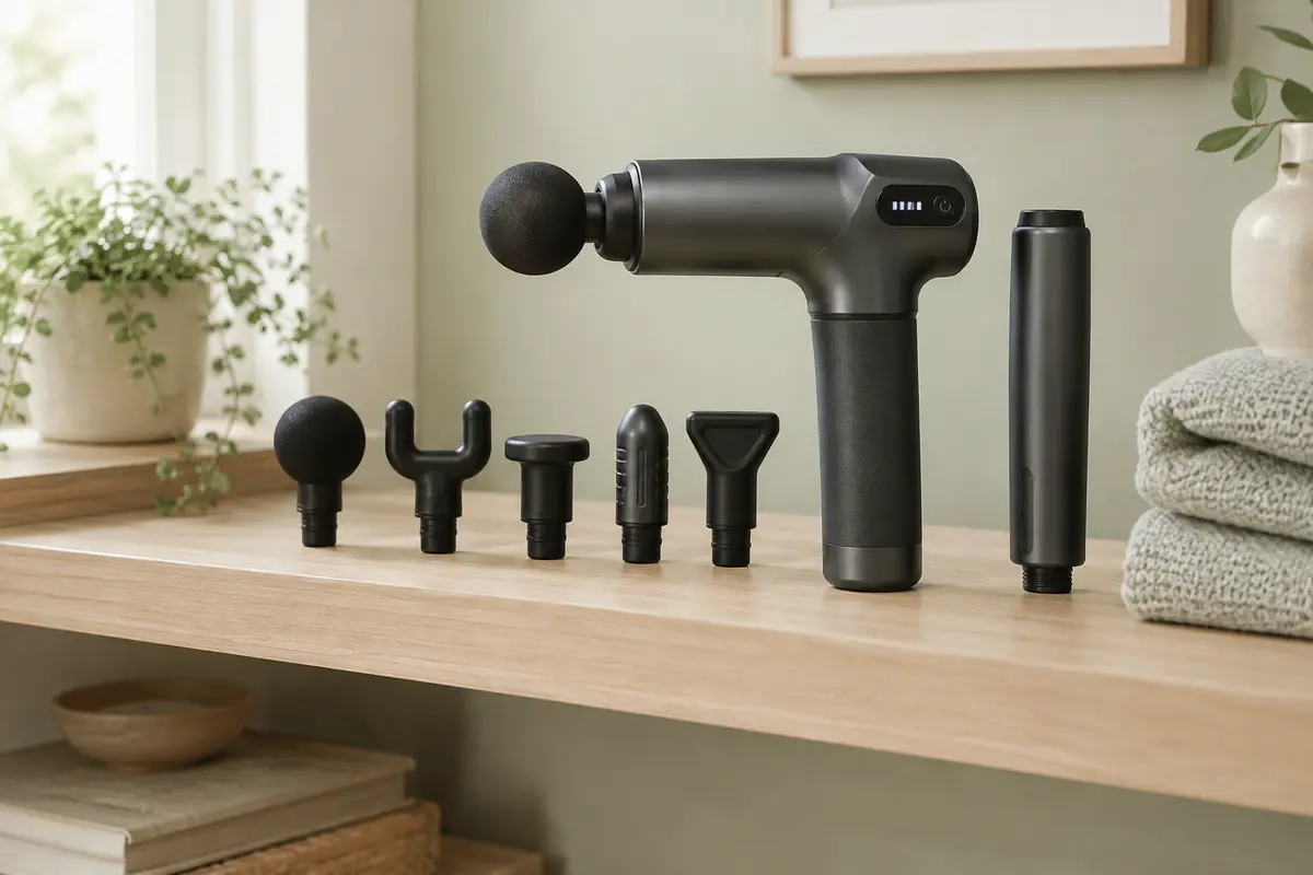 Pistolet de massage anthracite avec poignée d’extension amovible posé sur une étagère en bois clair.