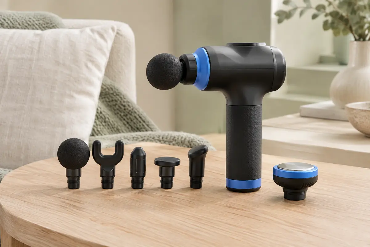 Pistolet de massage RENPHO noir et bleu avec ses têtes interchangeables, présenté dans un intérieur lumineux