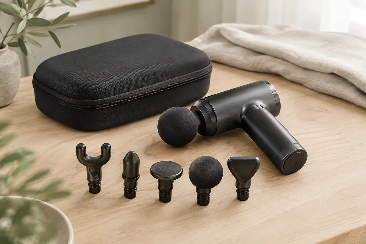 Pistolet de massage RENPHO noir avec cinq têtes posé dans un intérieur lumineux aux tons naturels