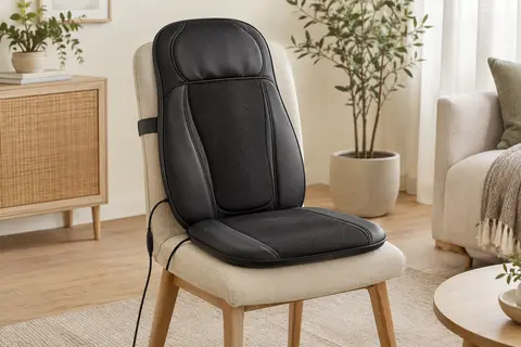Siège de massage RENPHO noir en PU installé sur une chaise dans un intérieur lumineux et épuré