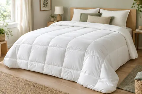 Couette blanche RESTILO Inez matelassée, présentée sur un lit dans une chambre claire aux tons ivoire et sauge.