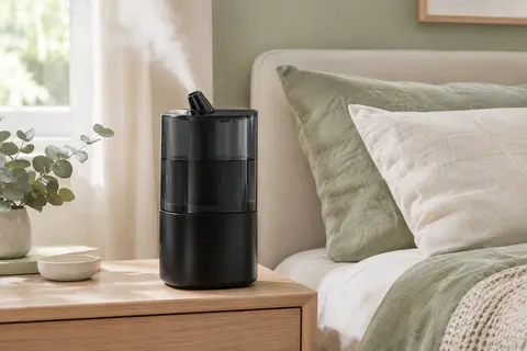 Humidificateur Rosekm noir compact posé sur une table de chevet en bois clair dans une chambre lumineuse