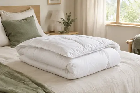 Couette d’été blanche et légère en microfibre, présentée sur un lit dans une chambre lumineuse