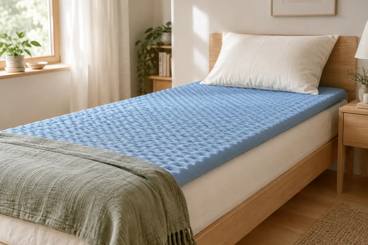Surmatelas bleu en mousse à mémoire de forme de 5 cm posé sur un lit simple clair