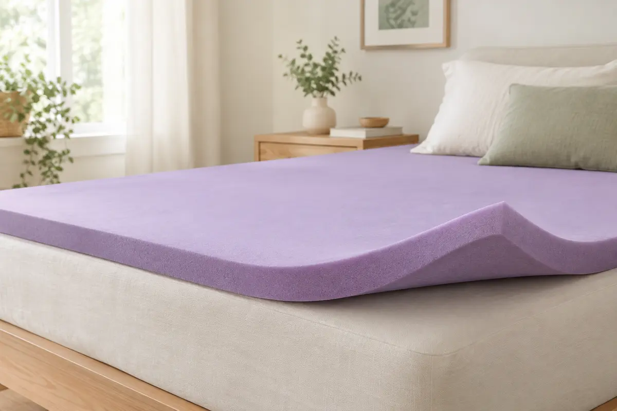 Surmatelas violet en mousse à mémoire de forme posé sur un lit clair dans une chambre lumineuse