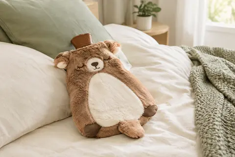 Bouillotte brune de 2 L avec housse amovible en peluche, posée sur un plaid clair dans une chambre lumineuse.