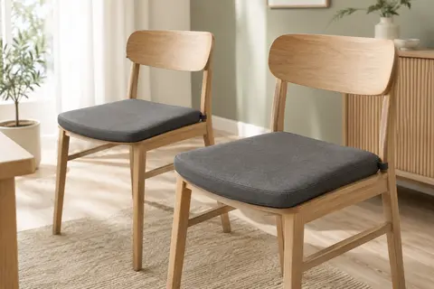 Deux coussins de chaise gris foncé en mousse, avec attaches scratch, posés sur des chaises en bois clair.