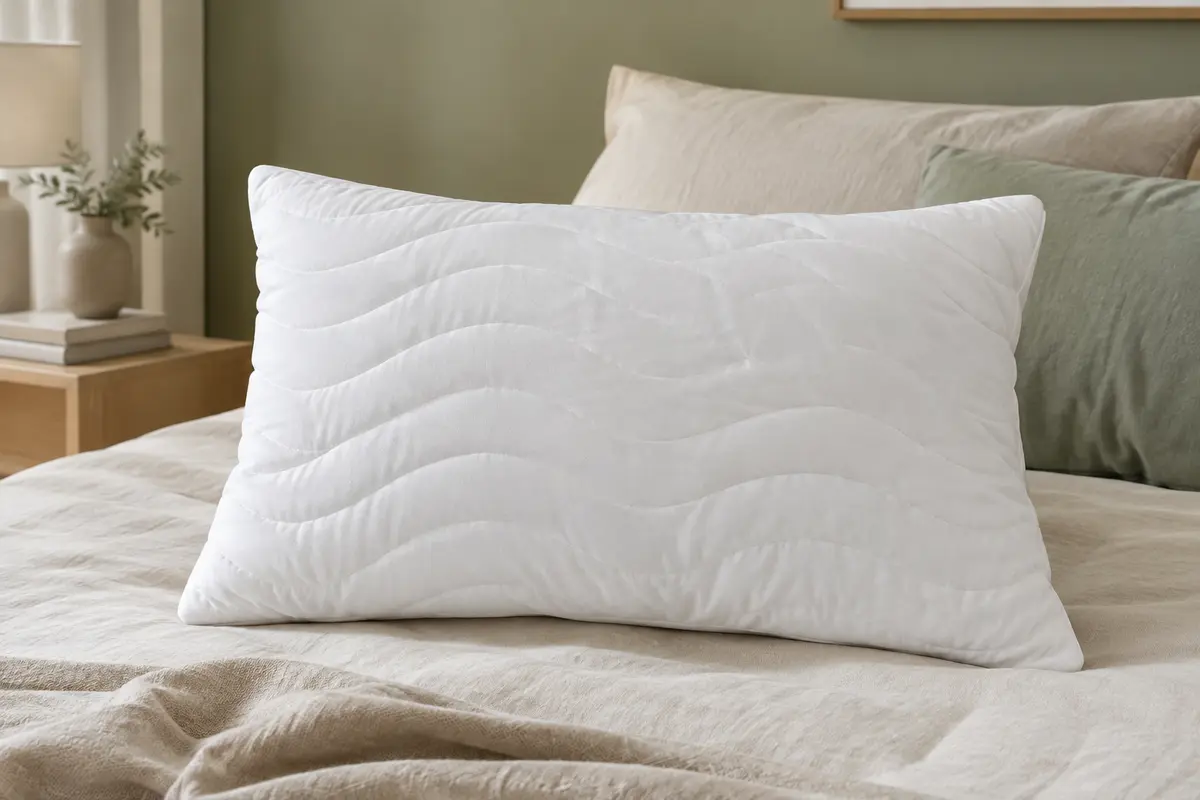 Oreiller blanc rectangulaire en microfibre matelassée, posé sur une literie claire aux tons naturels.