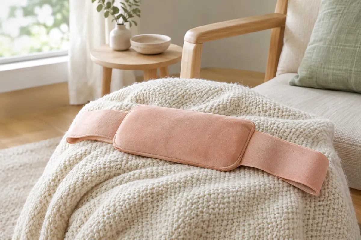 Coussin chauffant portable rose pêche posé sur un plaid ivoire dans un intérieur lumineux.