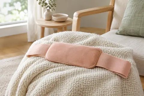 Coussin chauffant portable rose pêche posé sur un plaid ivoire dans un intérieur lumineux.