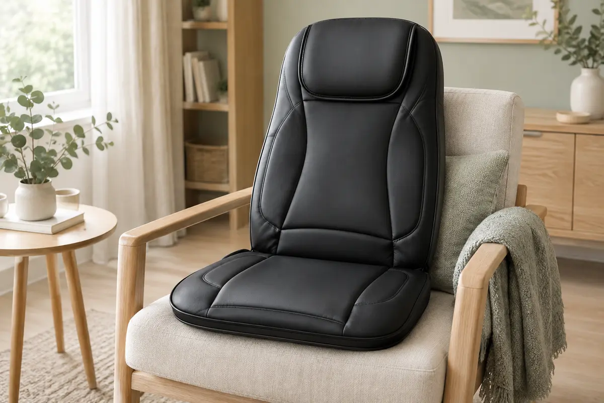 Coussin de massage Snailax noir en simili cuir installé sur un fauteuil dans un intérieur lumineux