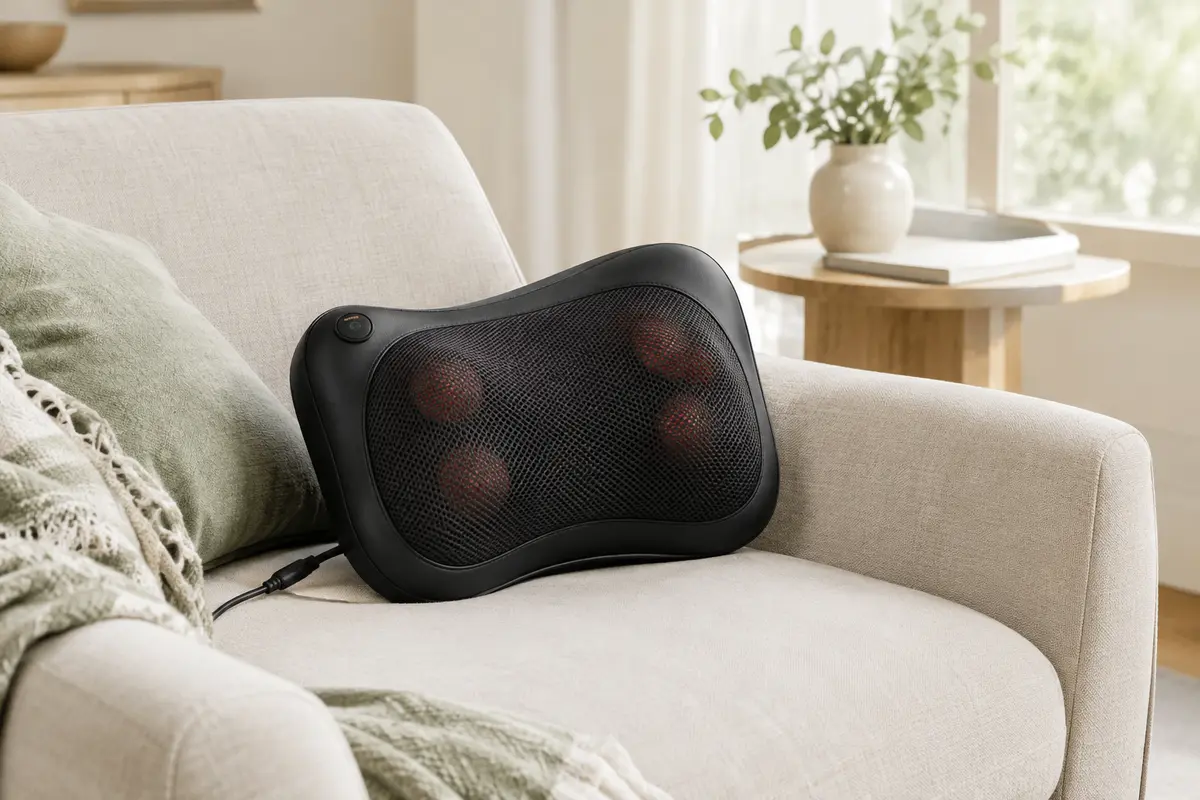 Coussin de massage shiatsu noir Snailax posé sur un fauteuil dans un intérieur lumineux et apaisant