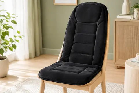 Coussin de massage vibrant Snailax noir posé sur une chaise en bois clair dans un intérieur lumineux