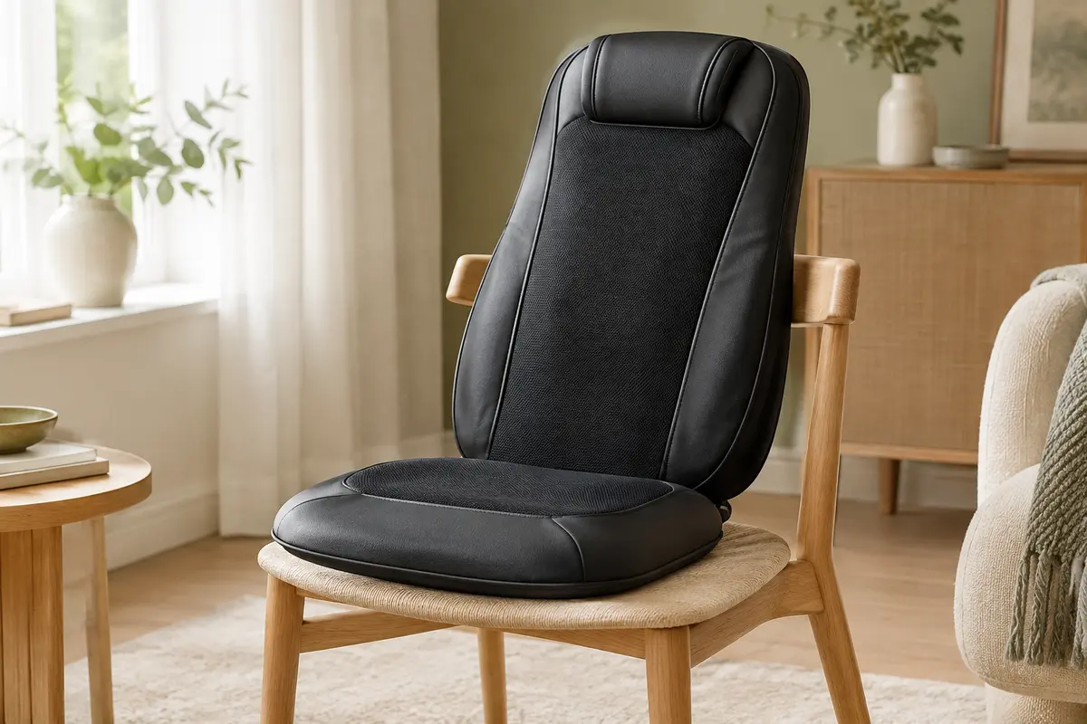 Siège de massage noir avec dossier et assise, posé sur un fauteuil dans un intérieur lumineux.