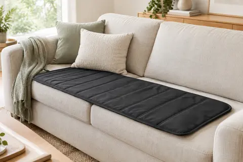 Tapis de massage vibrant Snailax noir en polyester, déplié sur un canapé dans un intérieur lumineux.