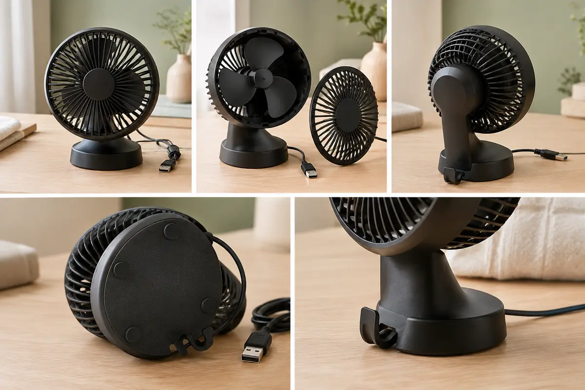 Mini ventilateur de table noir à trois pales, posé sur un bureau clair avec son câble USB visible