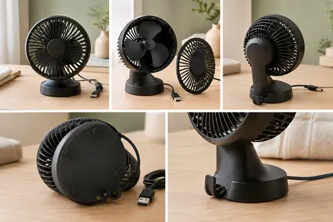 Mini ventilateur de table noir à trois pales, posé sur un bureau clair avec son câble USB visible