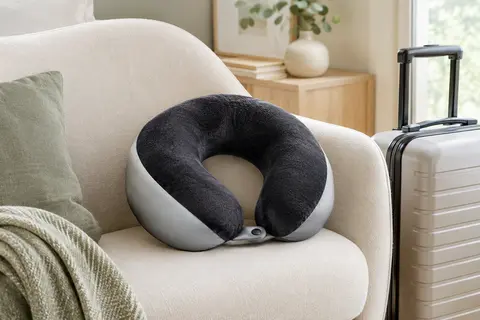 Oreiller de voyage TALLGO noir et argent en forme de U, posé sur un fauteuil près d’un bagage.