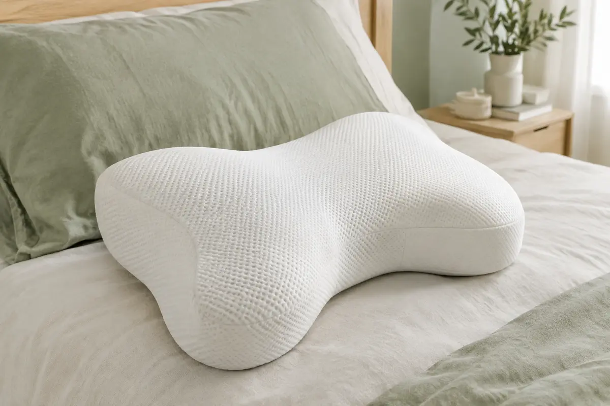 Oreiller papillon blanc Third of Life ACAMAR posé sur un lit clair dans une chambre épurée