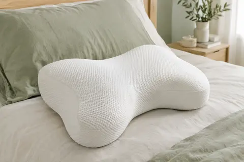 Oreiller papillon blanc Third of Life ACAMAR posé sur un lit clair dans une chambre épurée