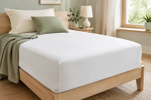 Drap-housse blanc en microfibre brossée posé sur un matelas une place dans une chambre lumineuse.