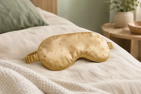Masque de sommeil Townssilk en soie Goldenmoon à motif étoiles, posé sur du linge clair.