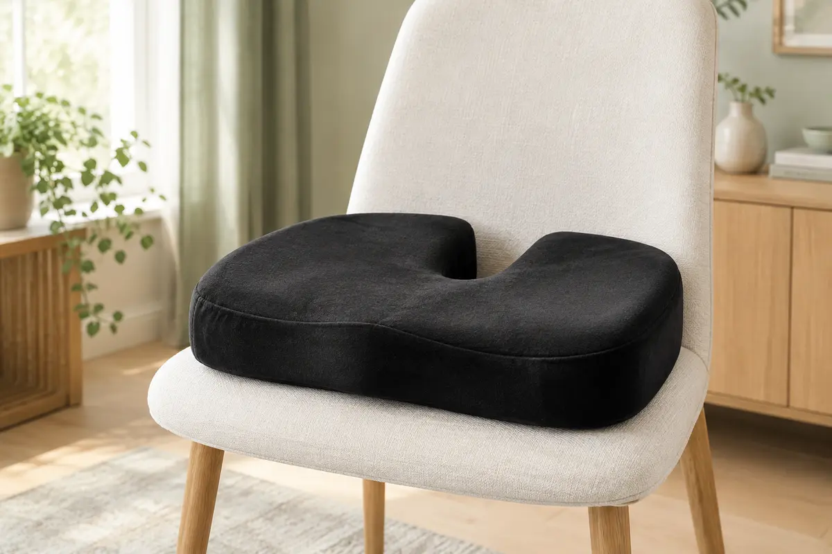 Coussin d’assise noir Travel Ease en forme papillon posé sur une chaise dans un intérieur lumineux