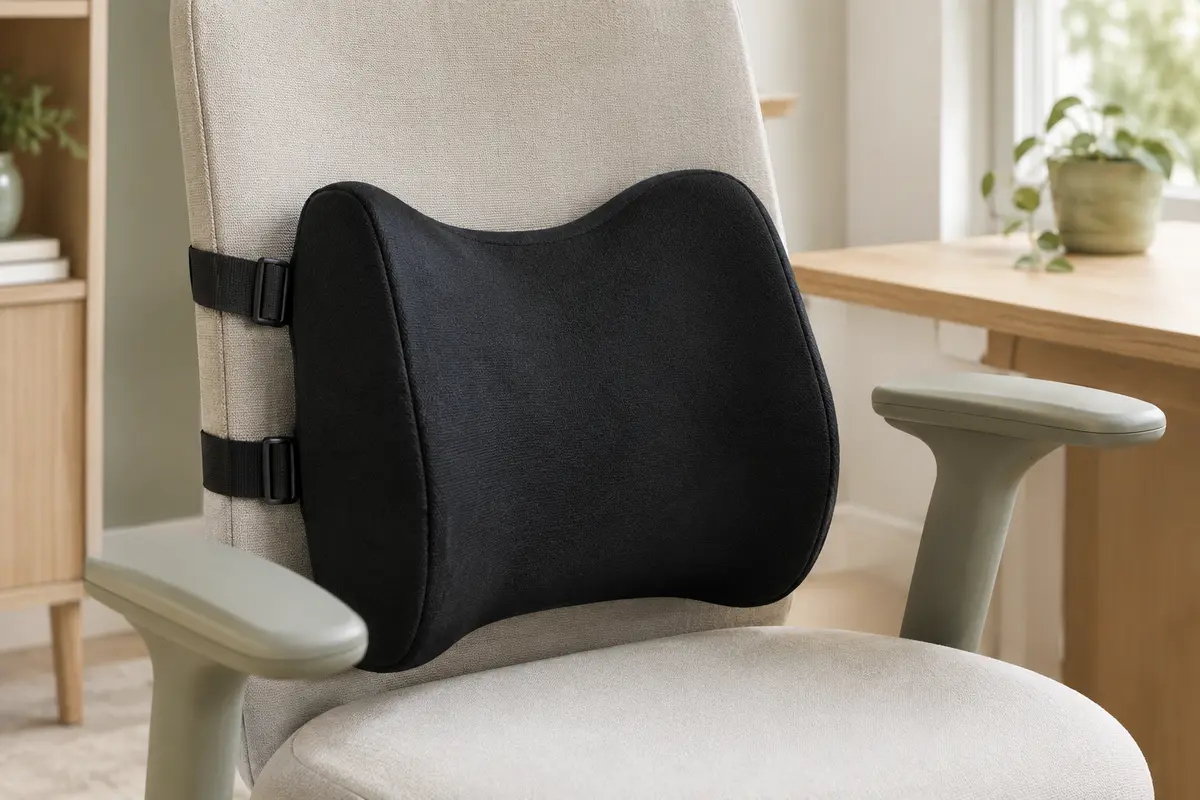 Coussin lombaire noir en forme de papillon avec deux sangles, posé contre le dossier d’une chaise.