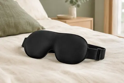 Masque de sommeil noir avec découpe au niveau du nez et sangle à boucle posé sur un linge ivoire.