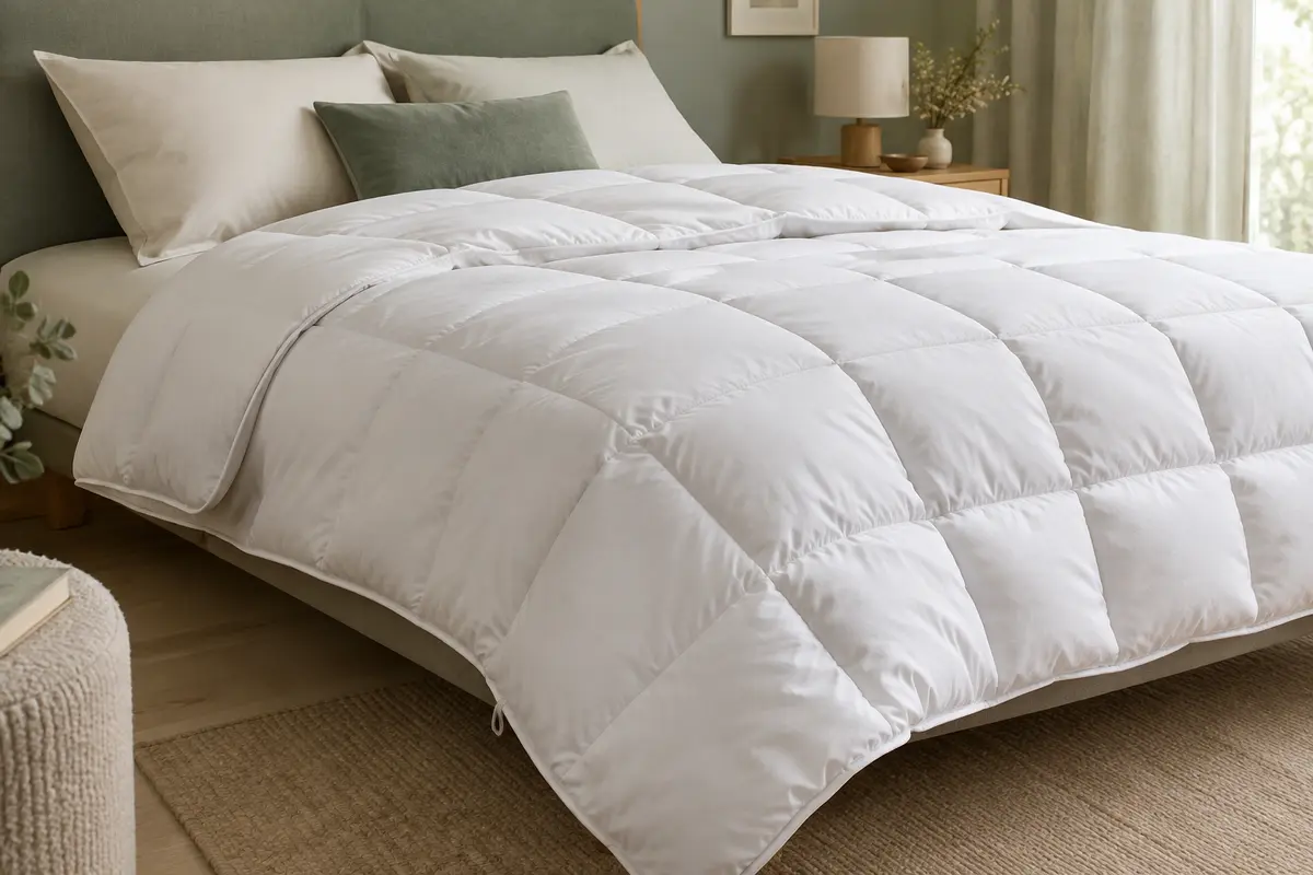Couette blanche matelassée en compartiments, avec bord passepoilé et attache d’angle visible