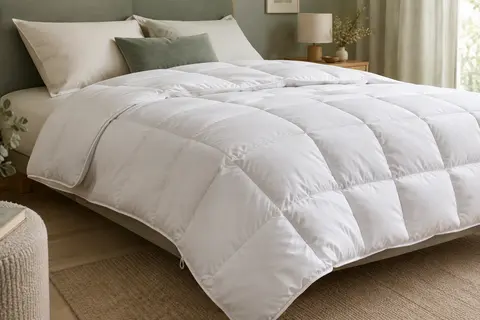 Couette blanche matelassée en compartiments, avec bord passepoilé et attache d’angle visible