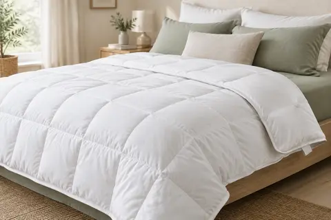 Couette blanche en polyester à piquage en carreaux et bords passepoilés sur un lit