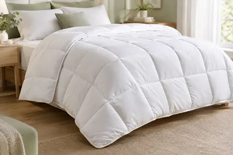 Couette blanche une place en microfibre avec piquage en caissons sur un lit lumineux