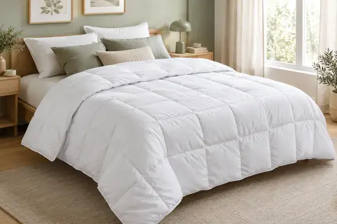 Couette blanche légère en microfibre avec piquage en cases, posée sur un lit dans une chambre lumineuse.