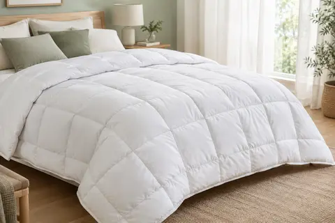 Couette blanche légère en microfibre, matelassée en carreaux et bordée d’un passepoil, posée sur un lit clair.