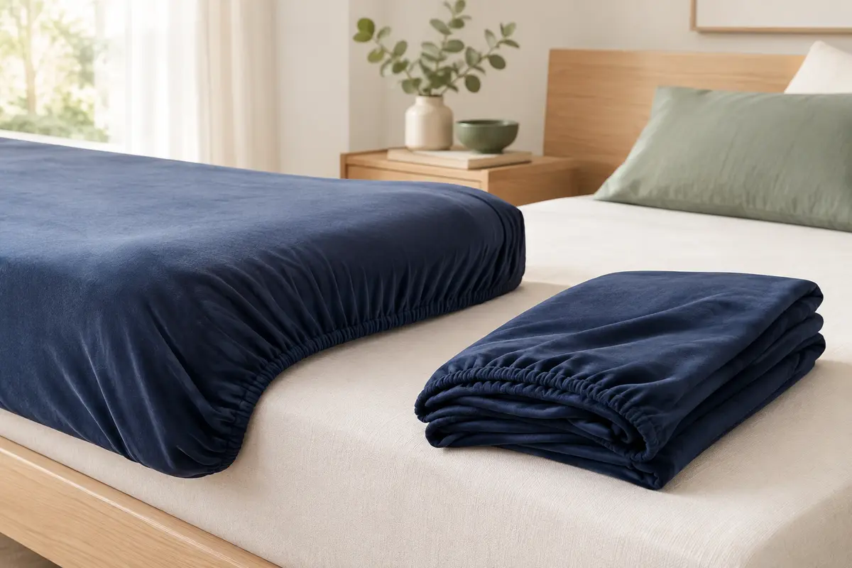 Drap-housse bleu marine en microfibre posé sur un matelas clair, avec un second drap plié à côté.
