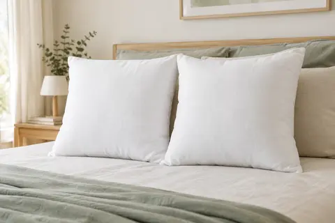 Deux oreillers carrés blancs en tissu brossé posés sur un lit aux tons ivoire et sauge