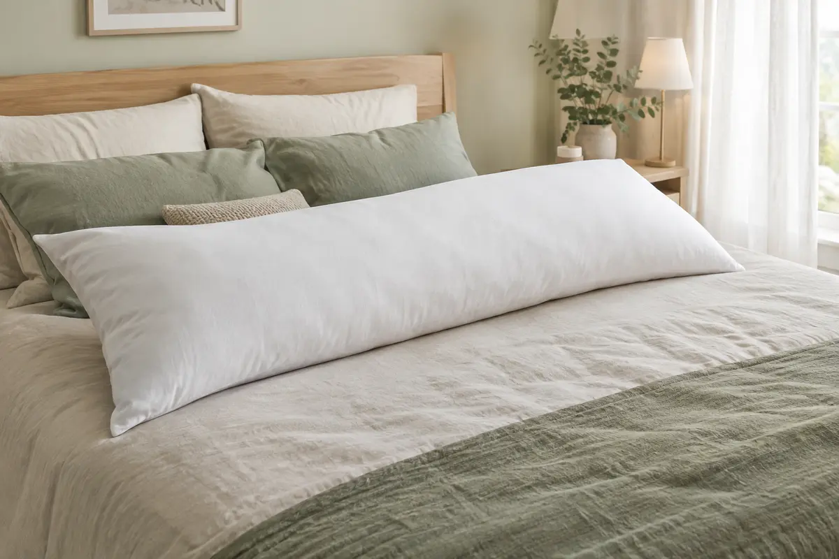 Oreiller de corps blanc et rectangulaire posé sur un lit clair dans une chambre lumineuse