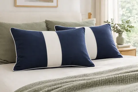 Paire de deux oreillers rectangulaires bleu marine à passepoil blanc posés sur un lit clair